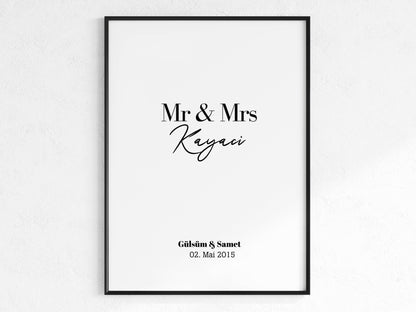 Mr & Mrs Poster mit Namen und Datum Personalisierbar